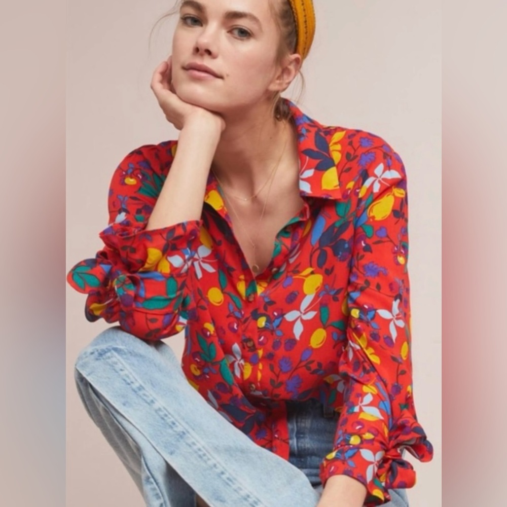 Maeve Anthropologie Fruit Button-Up Red Blouse Size 4